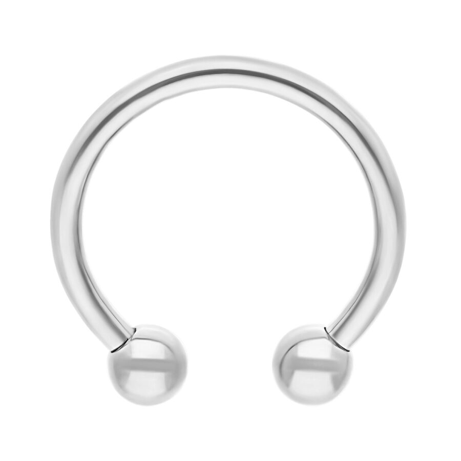 Barbell circular plateado de titanio con rosca externa sobre fondo blanco