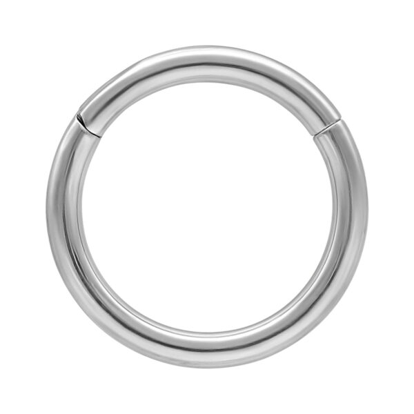 Anillo articulado plateado de titanio sobre fondo blanco