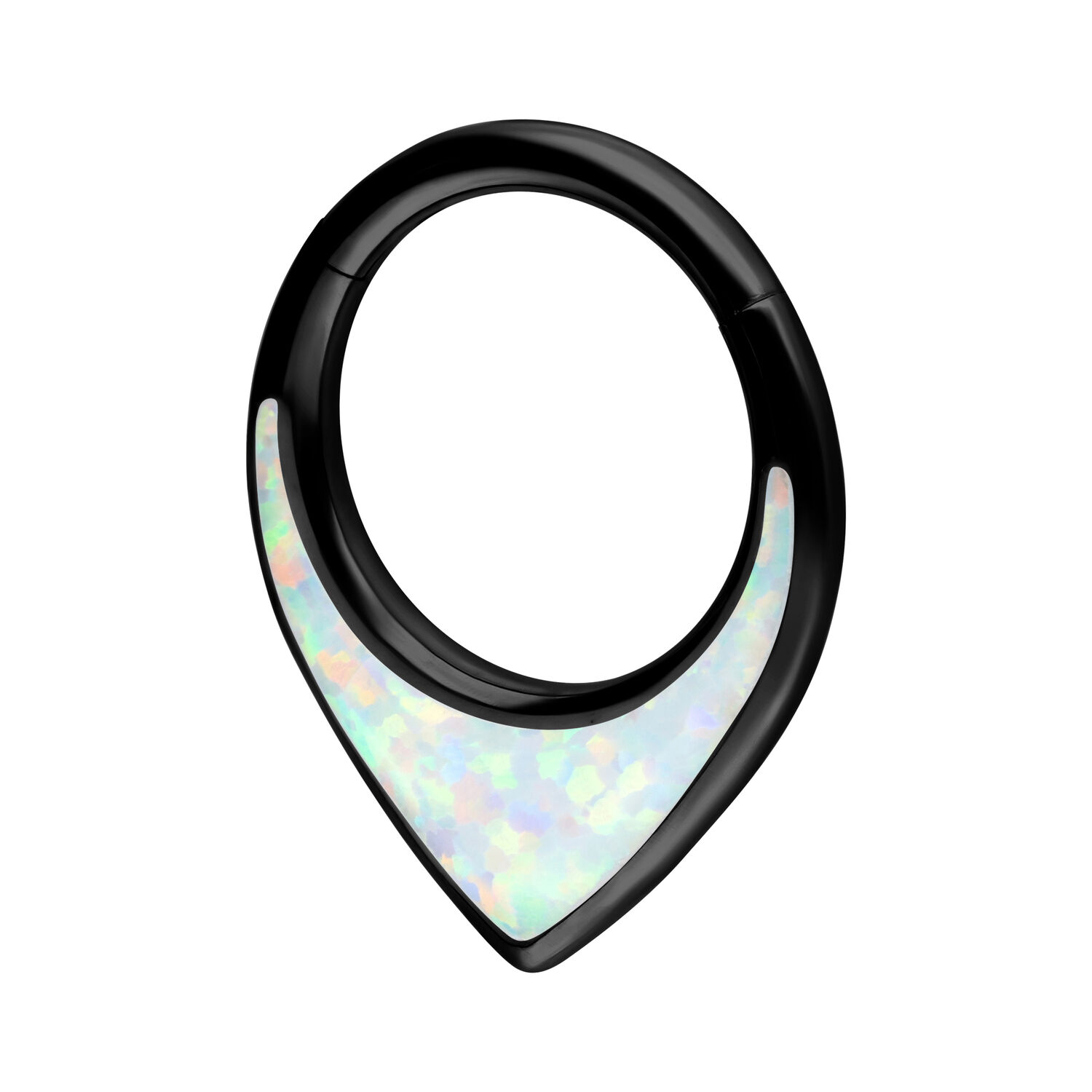 Clicker de septum metálico negro con piedra opalescente sobre fondo blanco