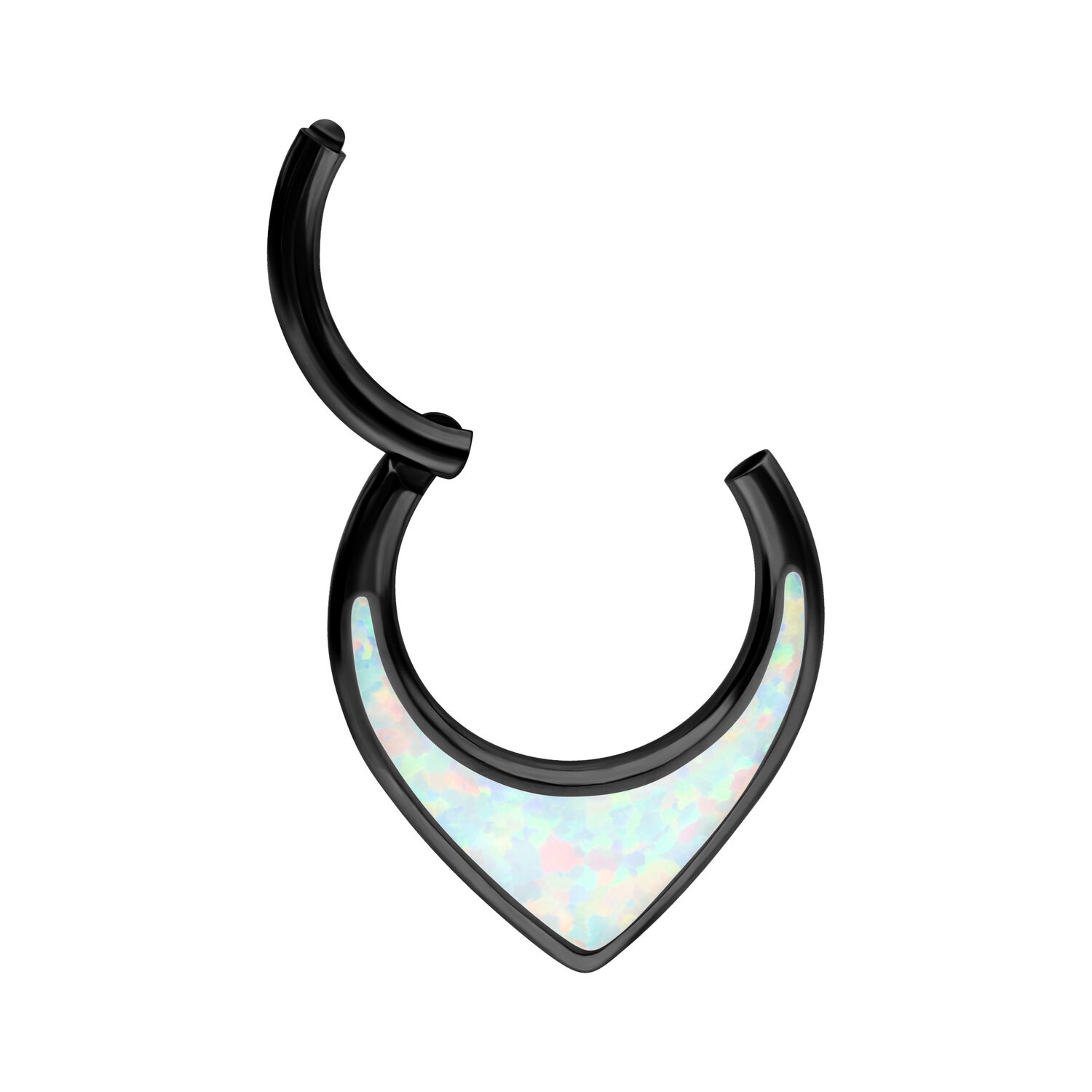 Clicker de septum negro de titanio con ópalo blanco sobre fondo blanco