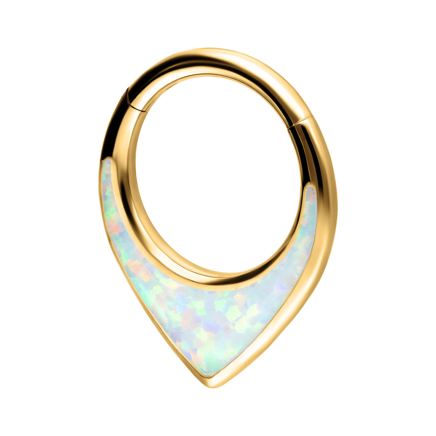 Clicker de septum dorado con ópalo sintético sobre fondo blanco