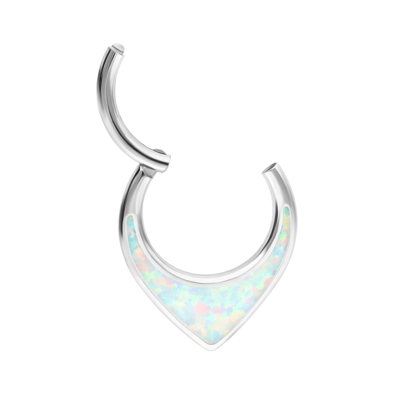 Septum Clicker plateado con opal sintético blanco sobre fondo blanco
