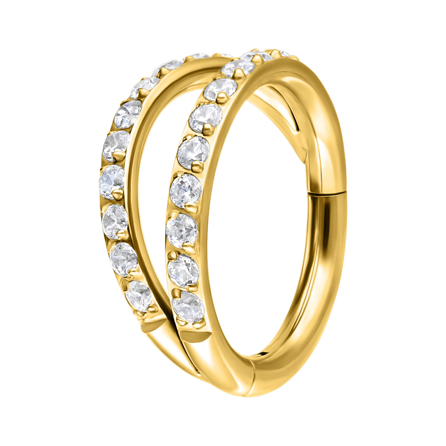 Clicker de piercing dorado con dos filas de cristales blancos sobre fondo blanco