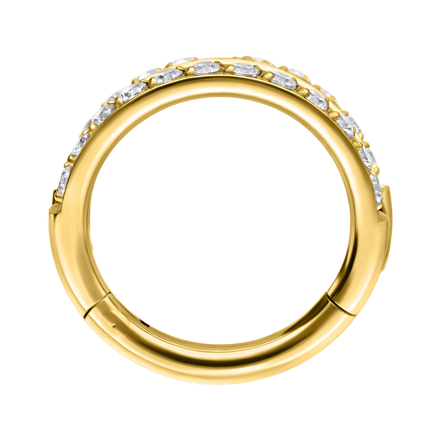Clicker de piercing dorado con doble fila de cristales sobre fondo blanco