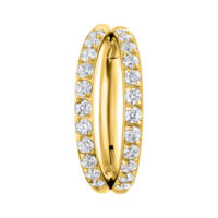 Anillo de bisagra dorado con doble fila de cristales sobre fondo blanco