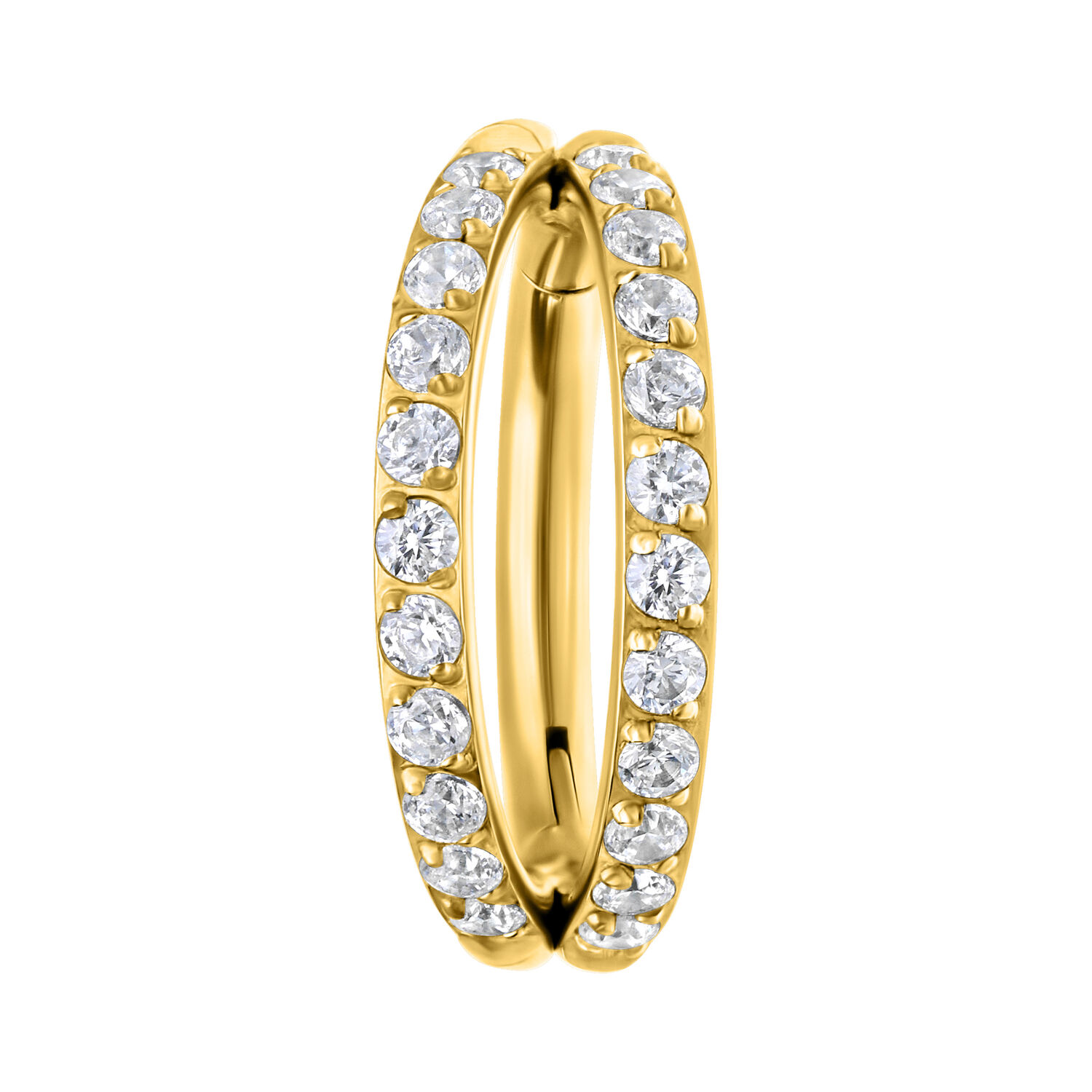 Anillo de bisagra dorado con doble fila de cristales sobre fondo blanco