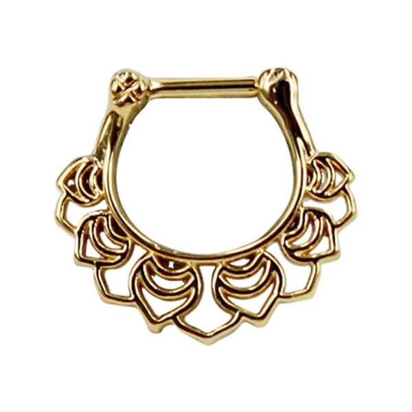 Clicker de Septum dorado con diseño floral de acero quirúrgico sobre fondo blanco
