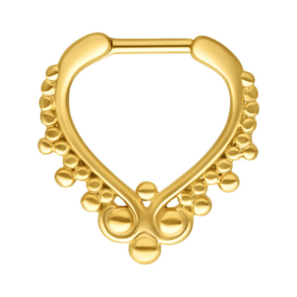 Clicker de septum dorado con diseño de bolas de acero quirúrgico sobre fondo blanco