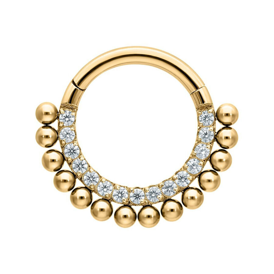 Clicker de Cristal Dorado Little Balls con Cristales Anillo de piercing dorado con cristales sobre fondo blanco