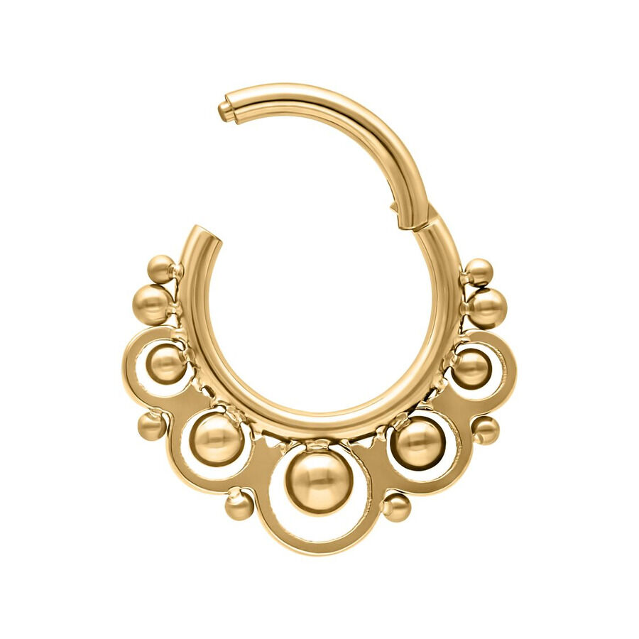 Temple Clicker Piercing de Oro 8mm Piercing Temple Clicker de oro de titanio con diseño circular sobre fondo blanco
