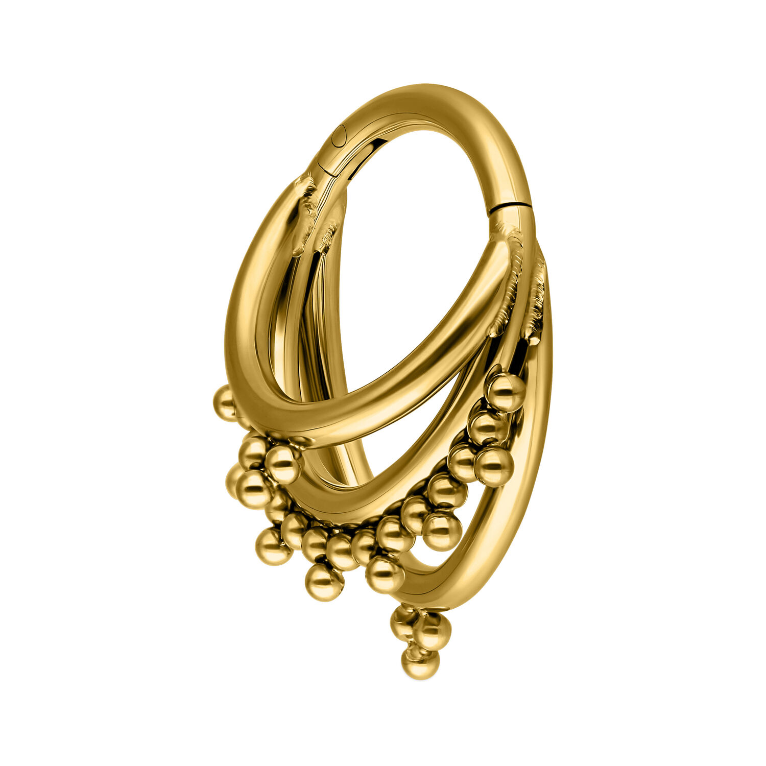 Anillo de piercing Triple Oriental Clicker dorado sobre fondo blanco