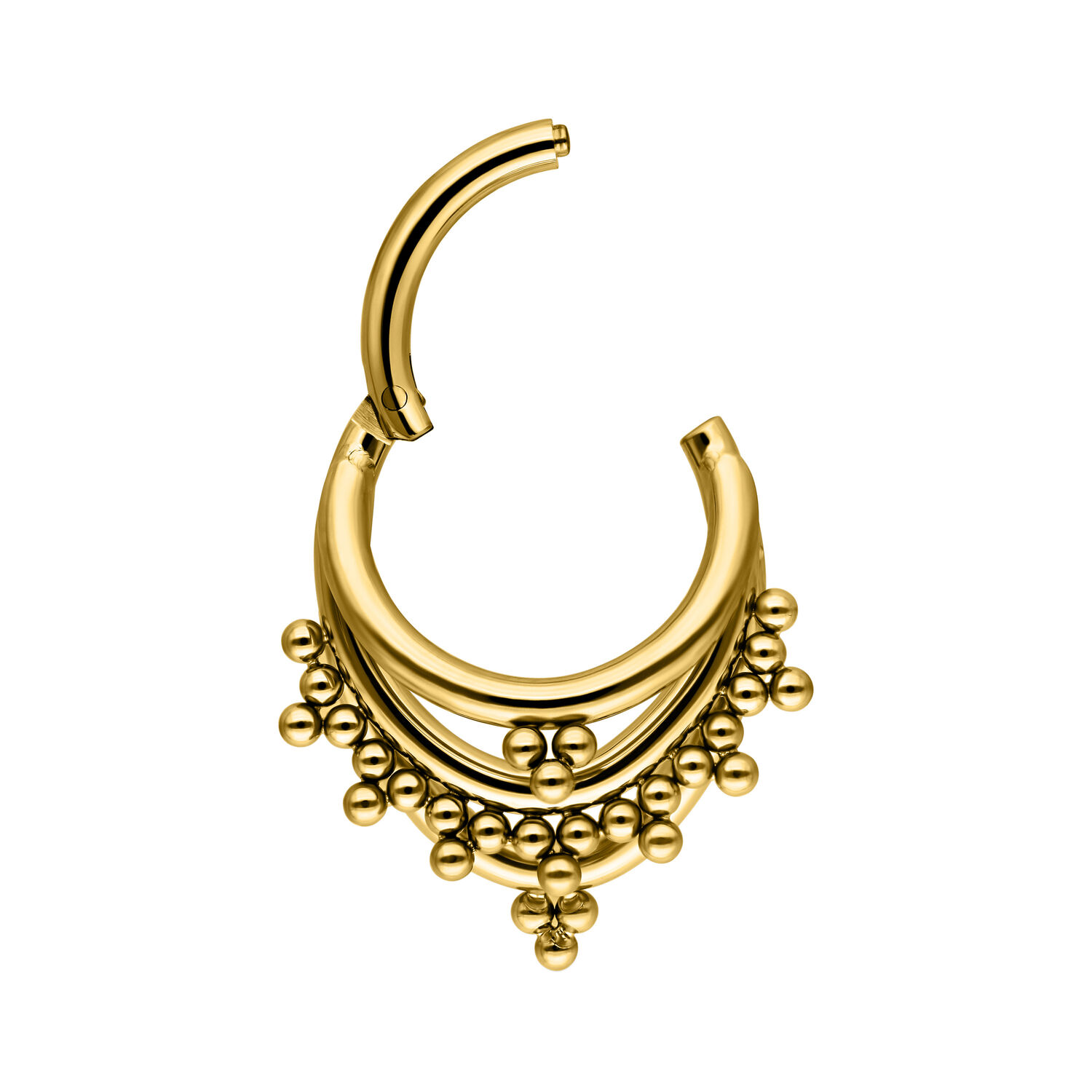 Aro de piercing dorado con triple adorno de bolas sobre fondo blanco