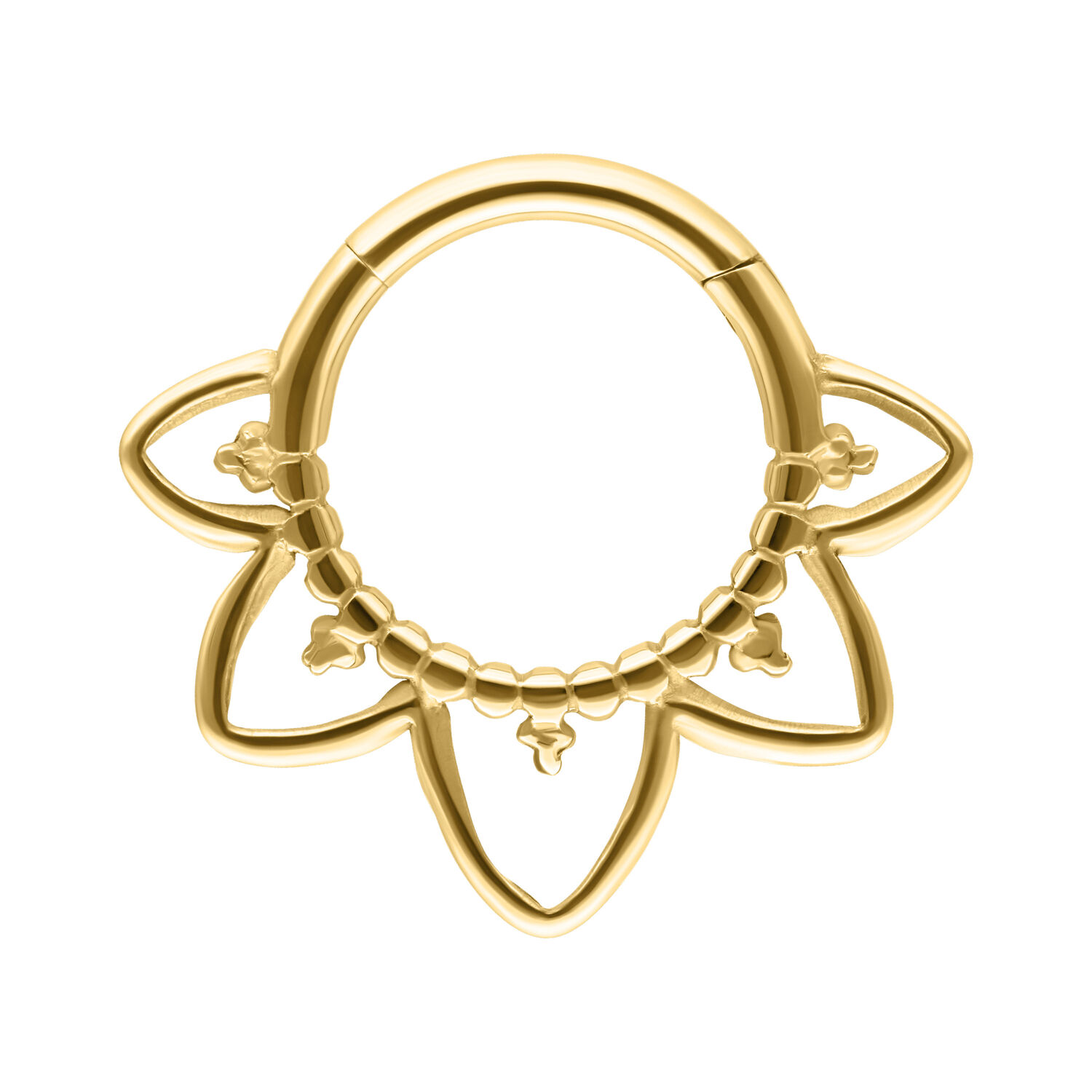 Septum Clicker Oriental en Oro de Titanio Septum Clicker dorado de titanio con diseño oriental sobre fondo blanco