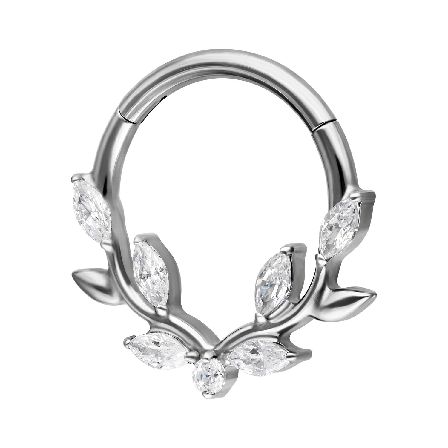 Clicker de septum plateado de titanio con hojas de cristal brillantes sobre fondo blanco