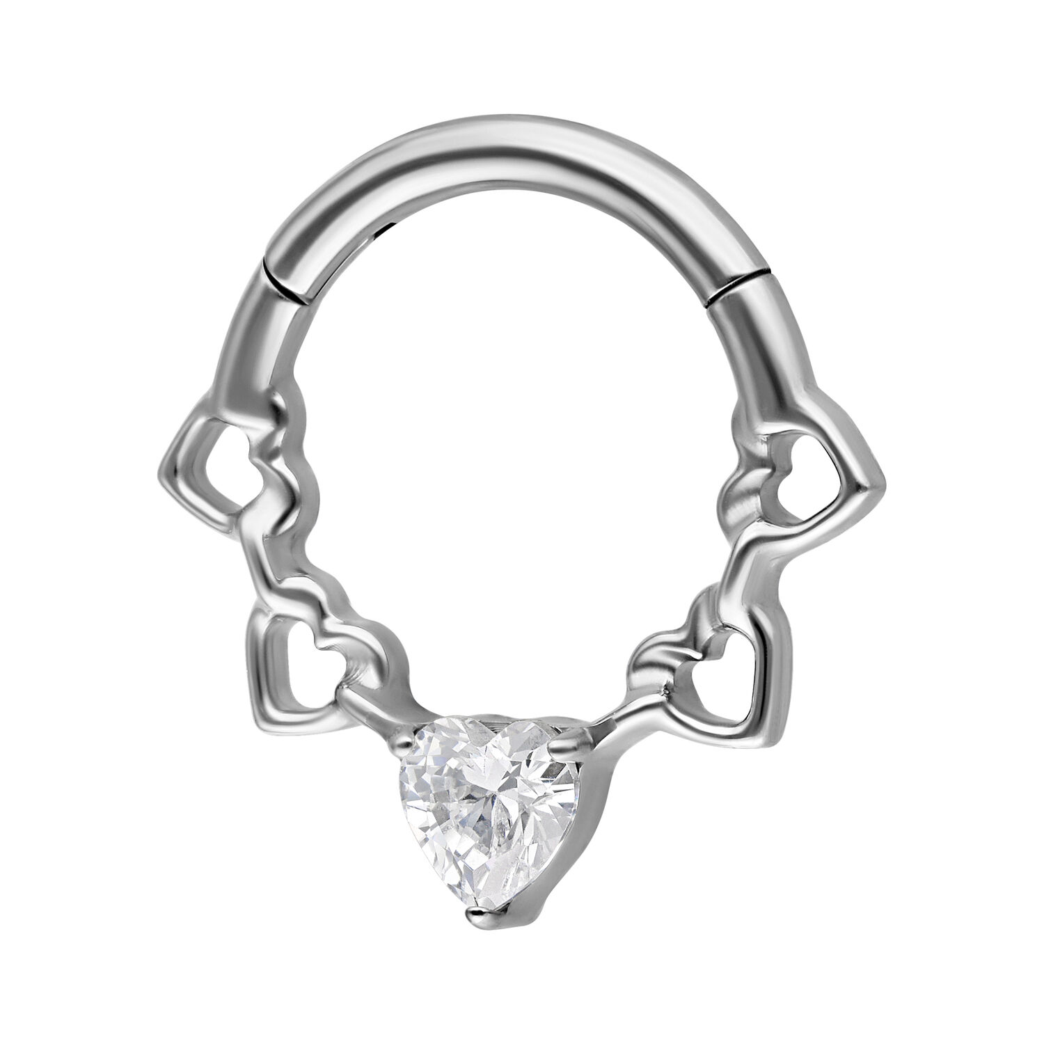 Clicker de septum plateado con diseño de corazón y cristal sobre fondo blanco