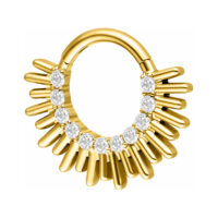 Golden Septum Clicker en forma de rayos de sol con cristales claros sobre fondo blanco