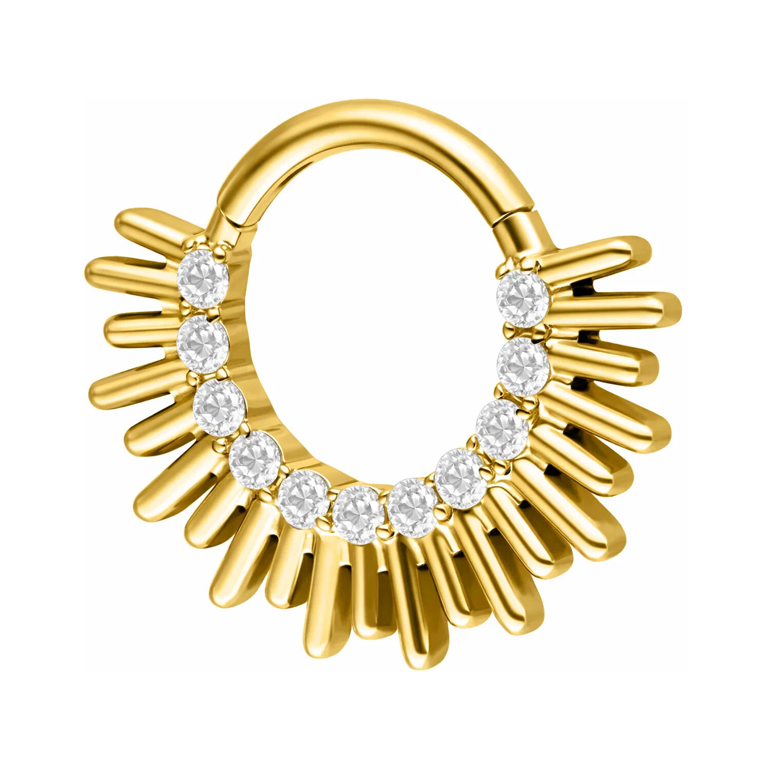 Golden Septum Clicker en forma de rayos de sol con cristales claros sobre fondo blanco