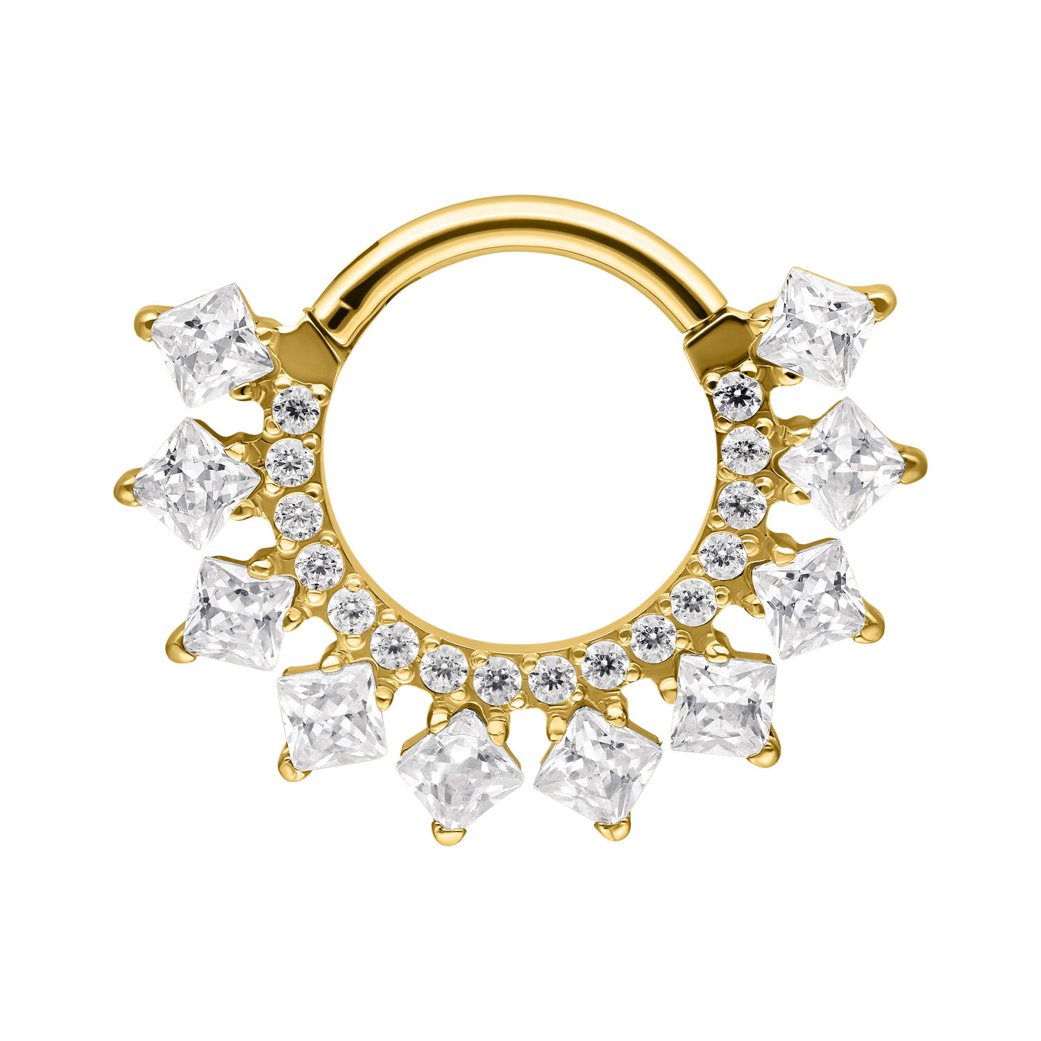 Clicker de septum dorado con piedras de circonita brillantes sobre fondo blanco