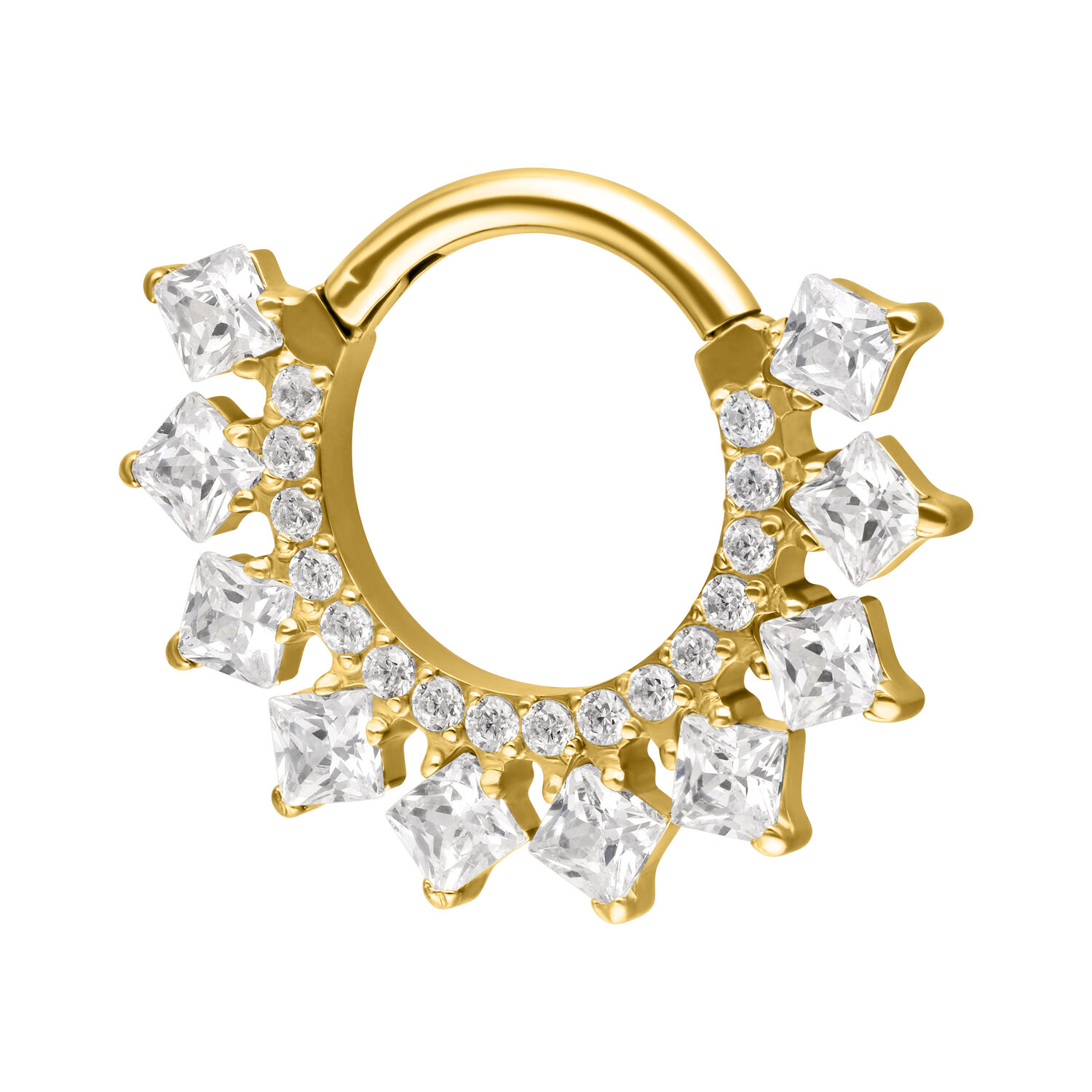 Clicker de septum dorado con circonitas brillantes sobre fondo blanco