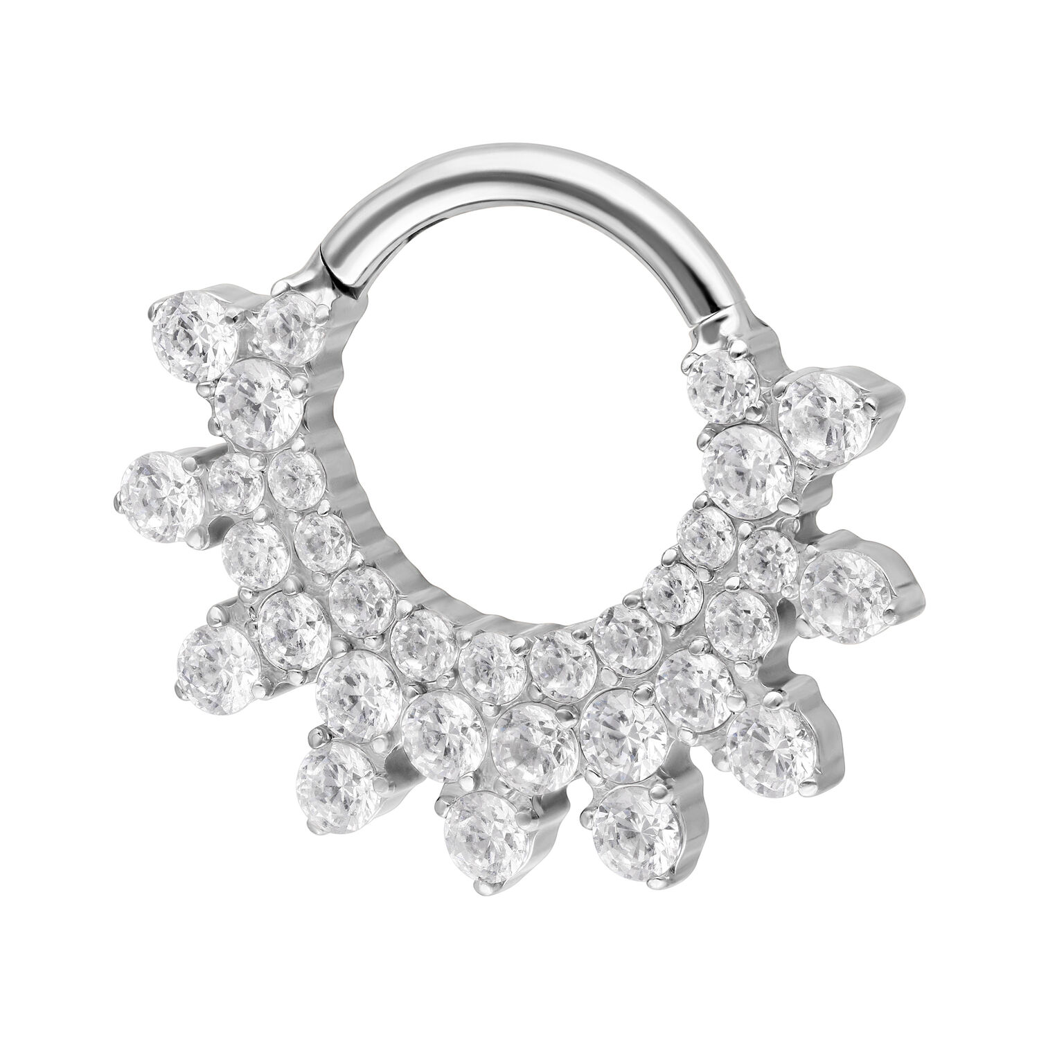 Septum Clicker de titanio plateado con cristales brillantes sobre fondo blanco