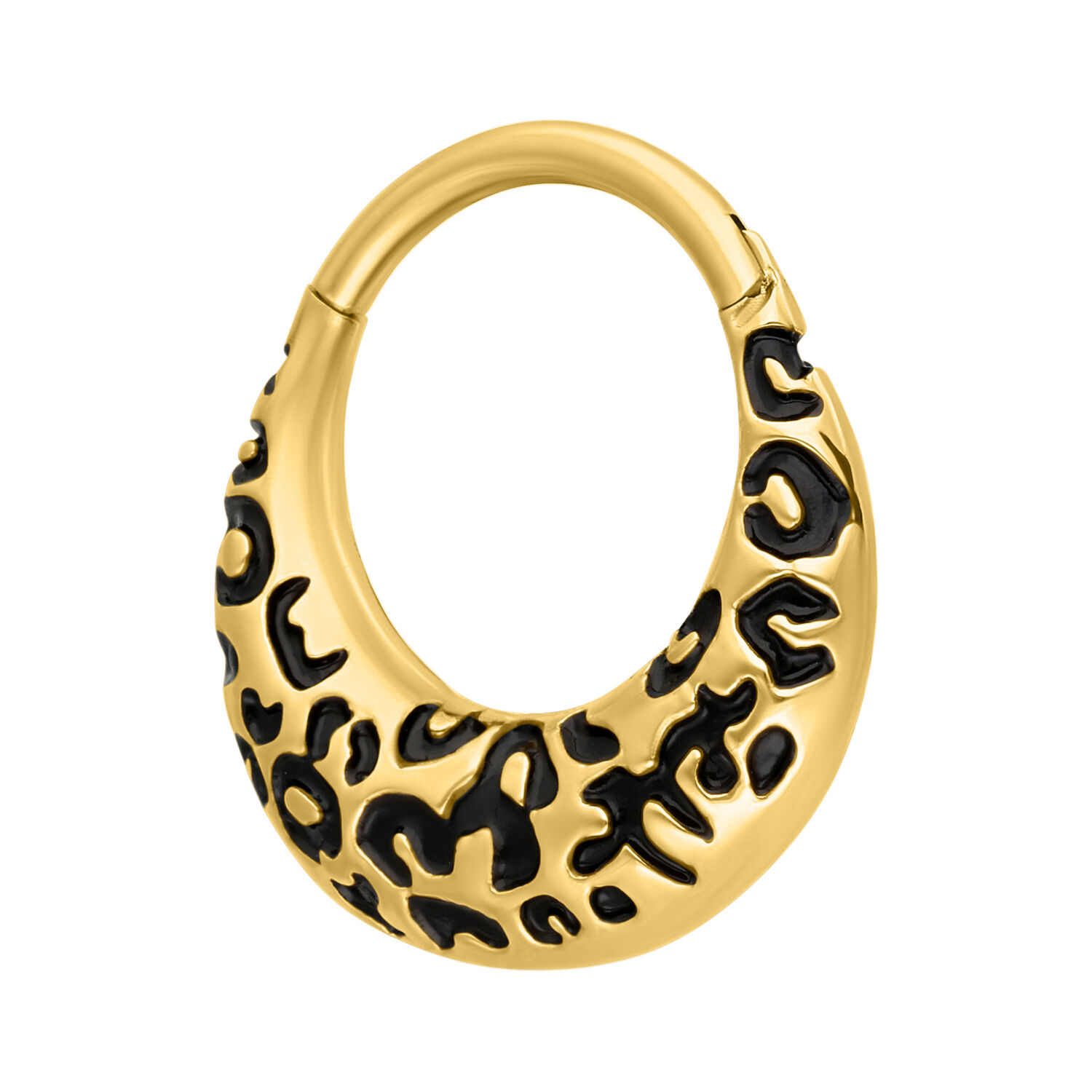 Clicker para septum con diseño de leopardo dorado Clicker para septum dorado con diseño de leopardo negro sobre fondo blanco