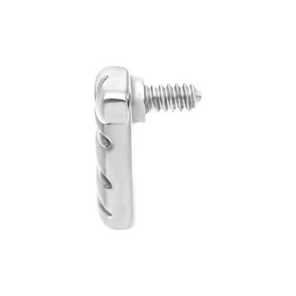 Accesorio de piercing Serpentina plateado con rosca externa sobre fondo blanco