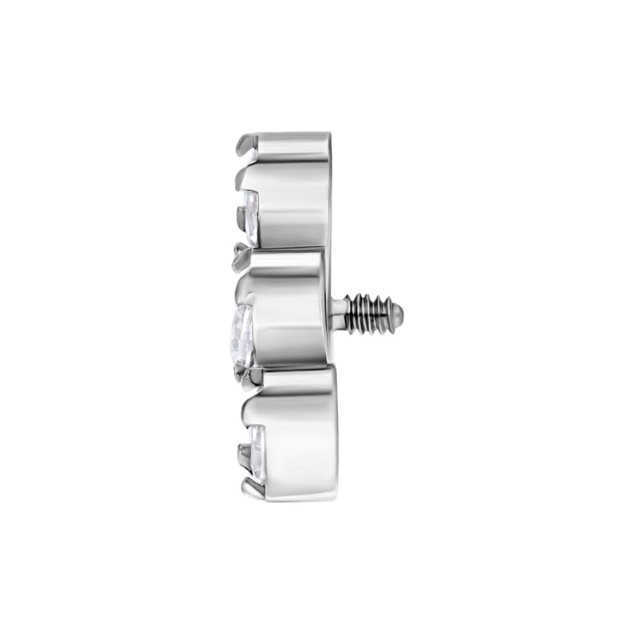 Ajuste de piercing plateado con tres cristales claros, de lado