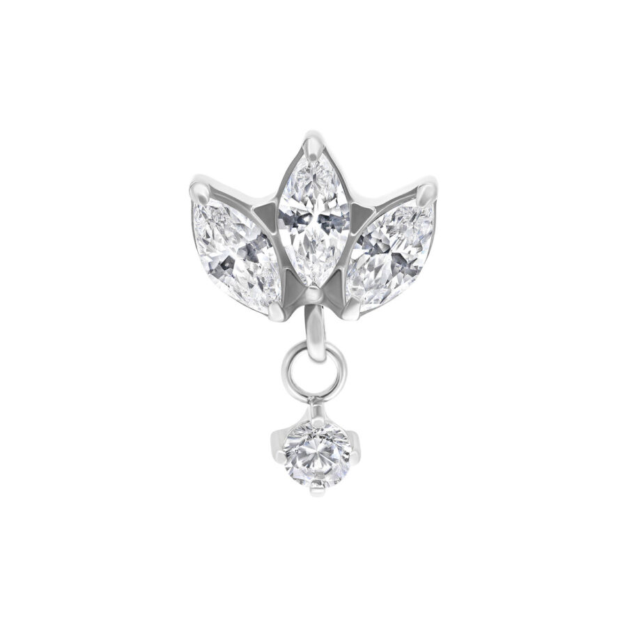 Accesorio de piercing de titanio plateado con tres cristales claros en forma de hoja y piedra colgante