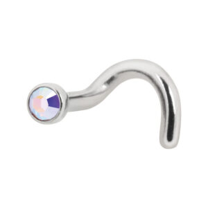 Piercing nasal de titanio plateado con cristal Aurora Boreale sobre fondo blanco