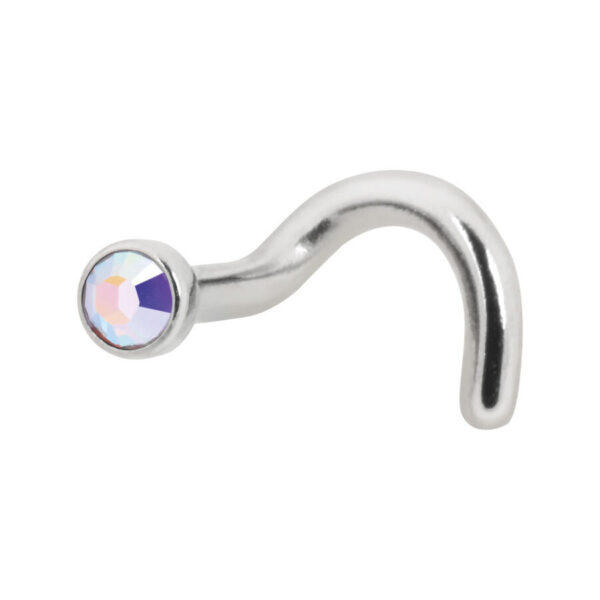 Piercing nasal de titanio plateado con cristal Aurora Boreale sobre fondo blanco