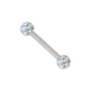 Barra de titanio con cristales Aurora Boreale, 10mm de largo, bolas de 4mm sobre fondo blanco