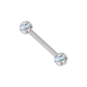 Barbell de titanio plateado con cristales Aurora Boreale sobre fondo blanco