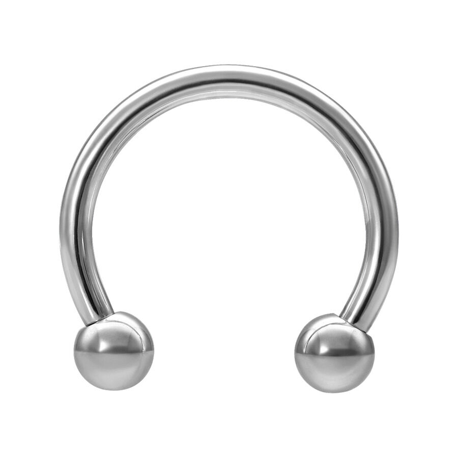 Circular Barbell plateado con rosca externa y extremos de bola sobre fondo blanco