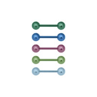 Cinco Barbells de Titanio en verde claro, azul oscuro, violeta, verde oscuro y azul claro sobre fondo blanco