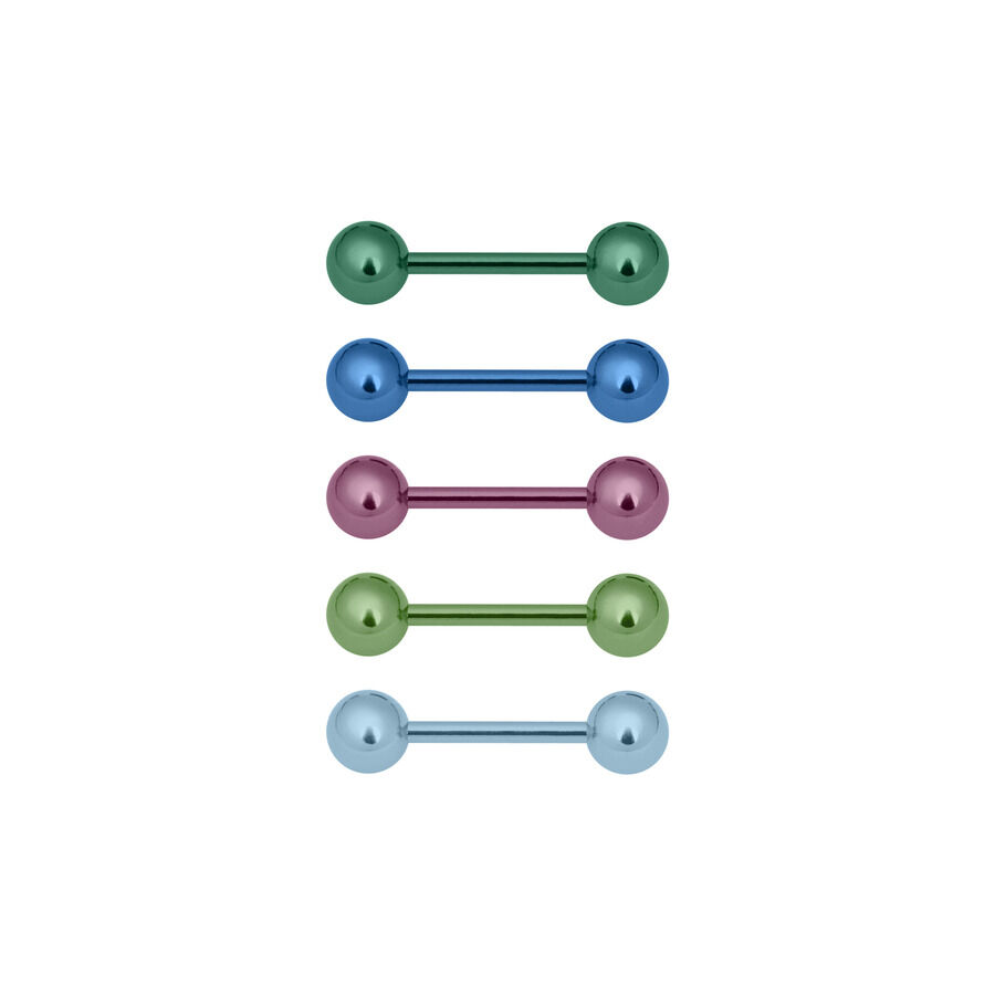 Cinco Barbells de Titanio en verde claro, azul oscuro, violeta, verde oscuro y azul claro sobre fondo blanco
