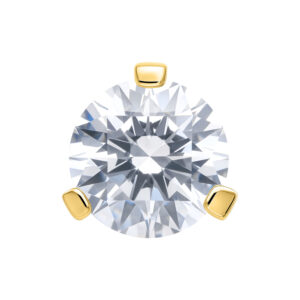 Pequeño piercing redondo con cristal claro, sostenido por garras doradas, sobre fondo blanco