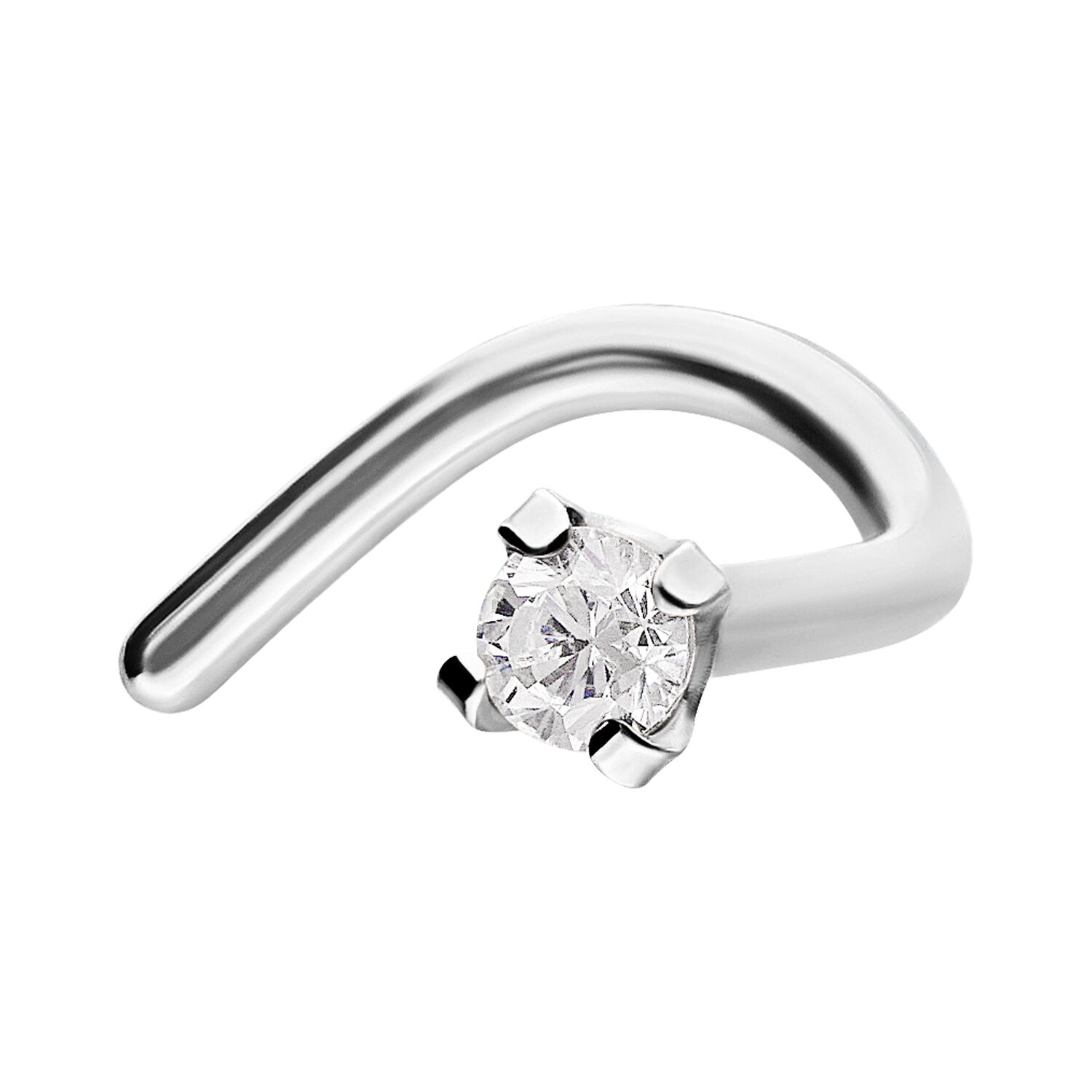 Piercing de nariz plateado con cristal Piercing de nariz plateado con cristal transparente sobre fondo blanco