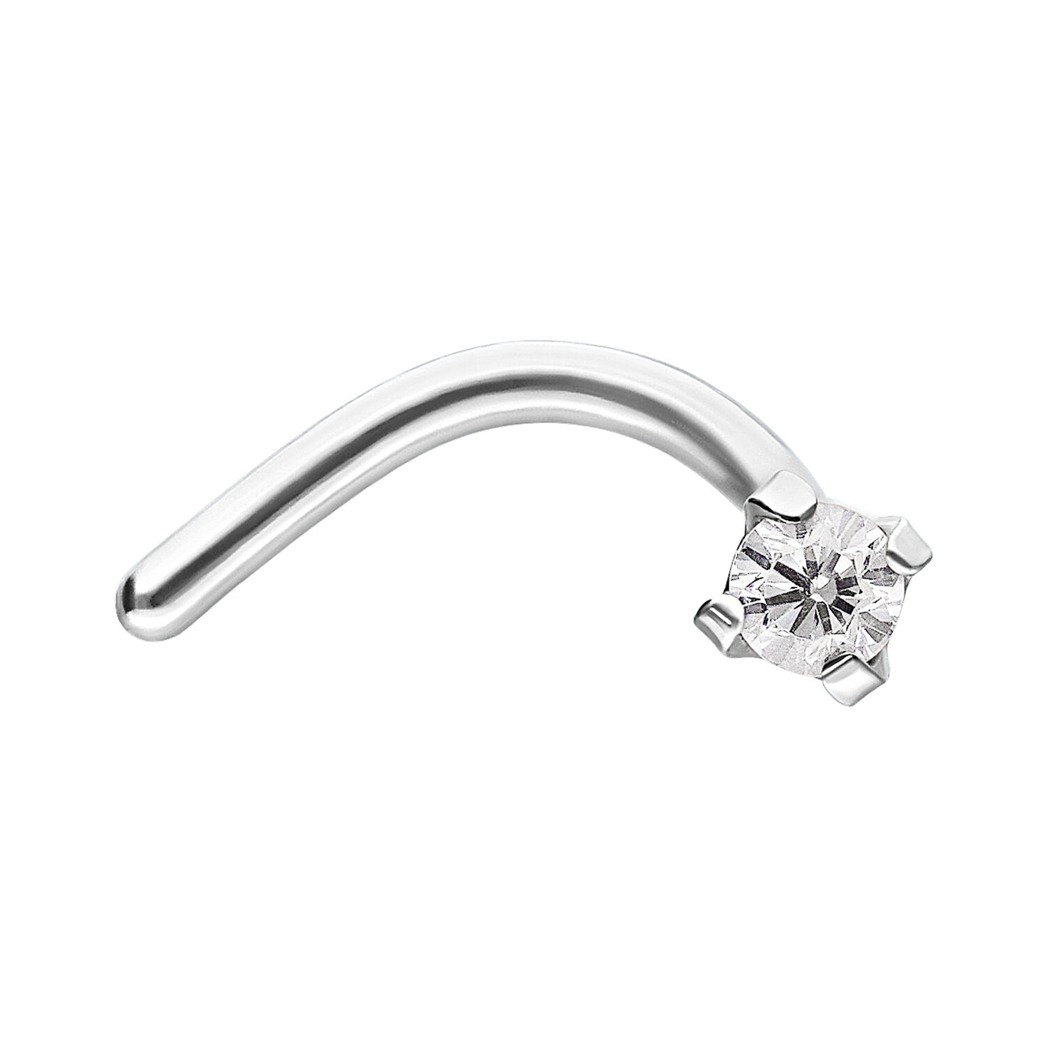 Piercing de nariz plateado con cristal Piercing de nariz plateado de acero quirúrgico con cristal transparente sobre fondo blanco