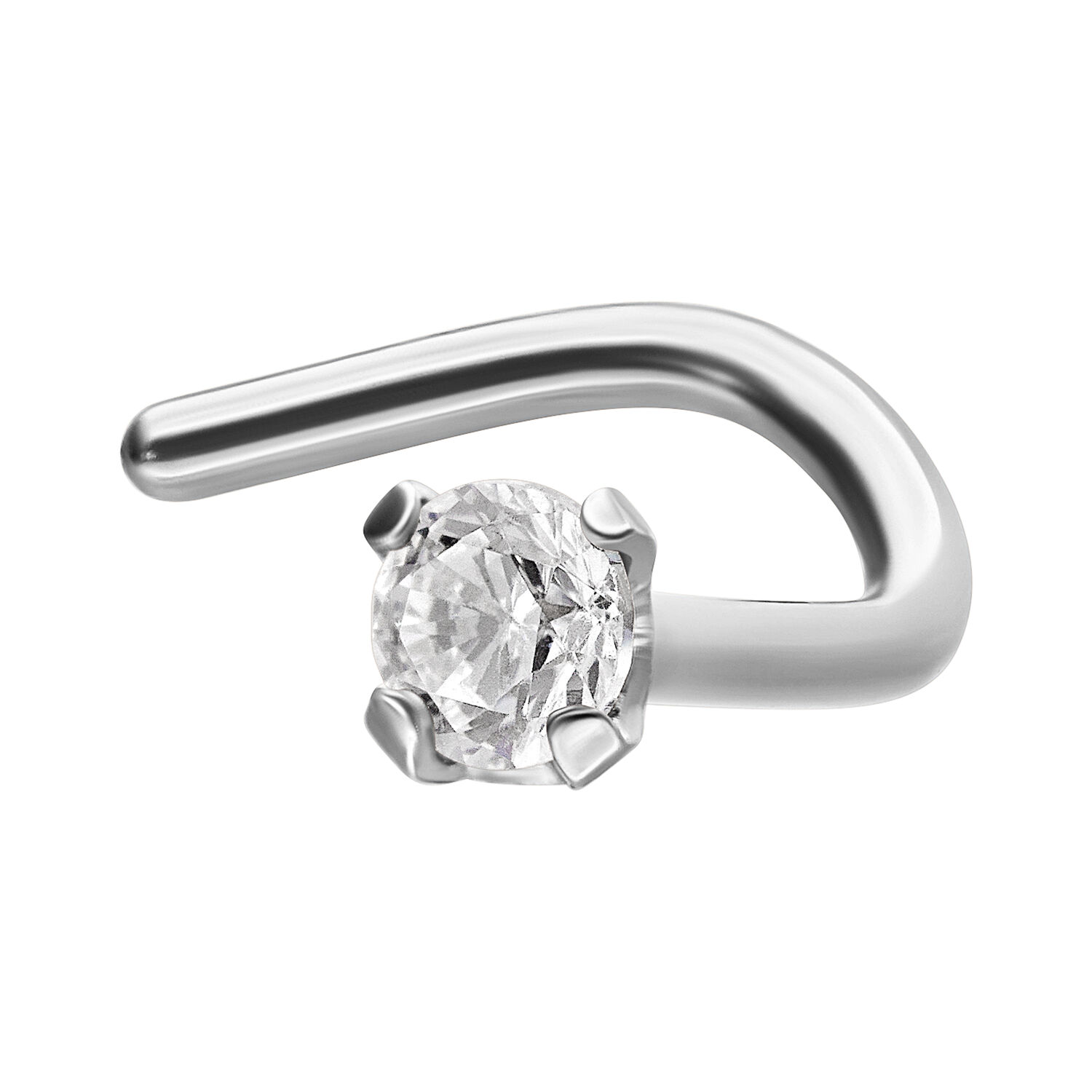 Piercing de nariz plateado con cristal transparente sobre fondo blanco