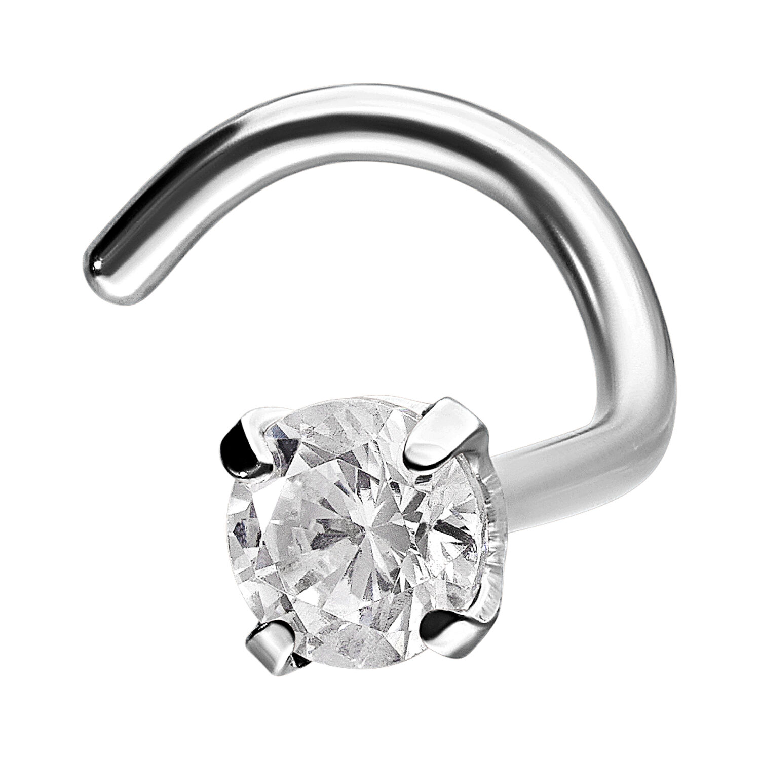 Piercing de nariz plateado de acero quirúrgico con cristal transparente, vista en primer plano