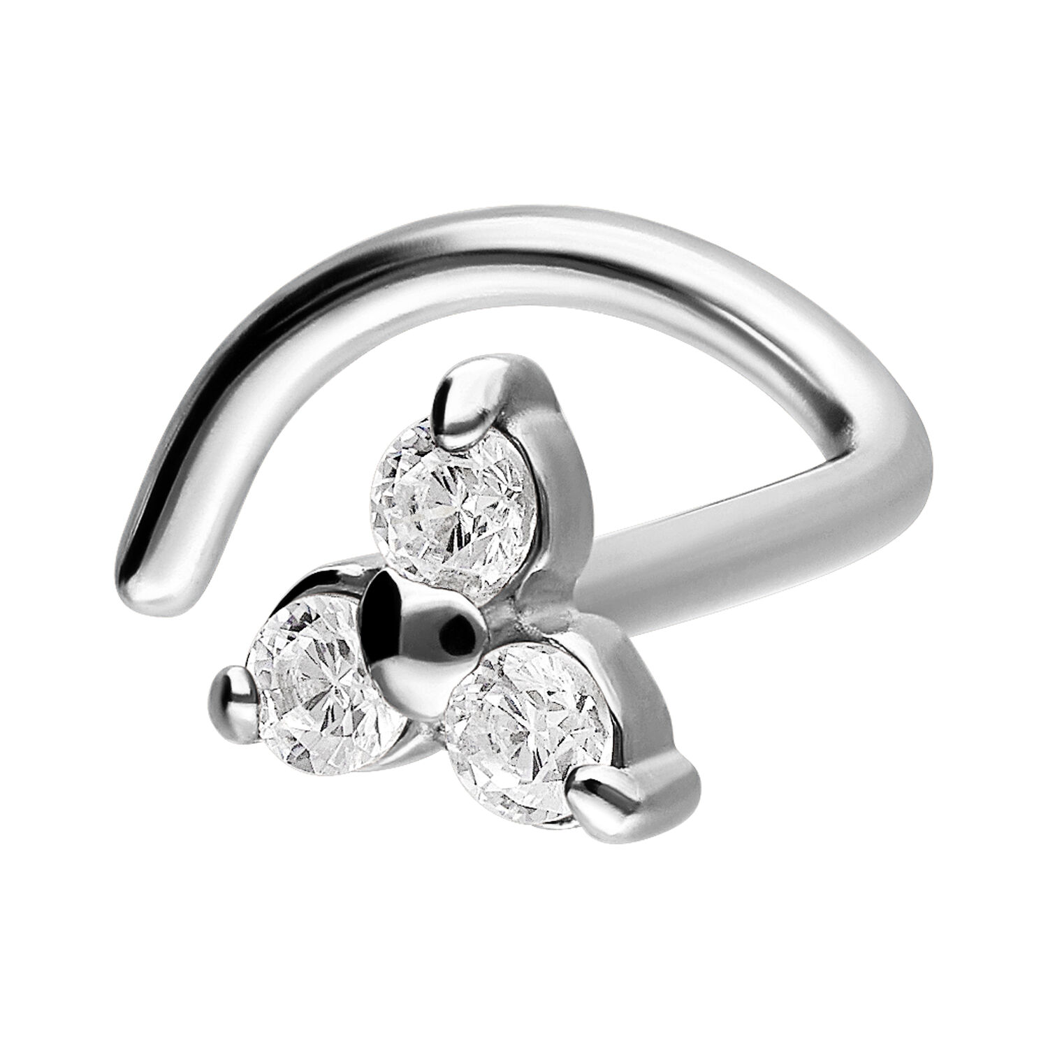 Tornillo nasal de plata con tres cristales claros sobre fondo blanco