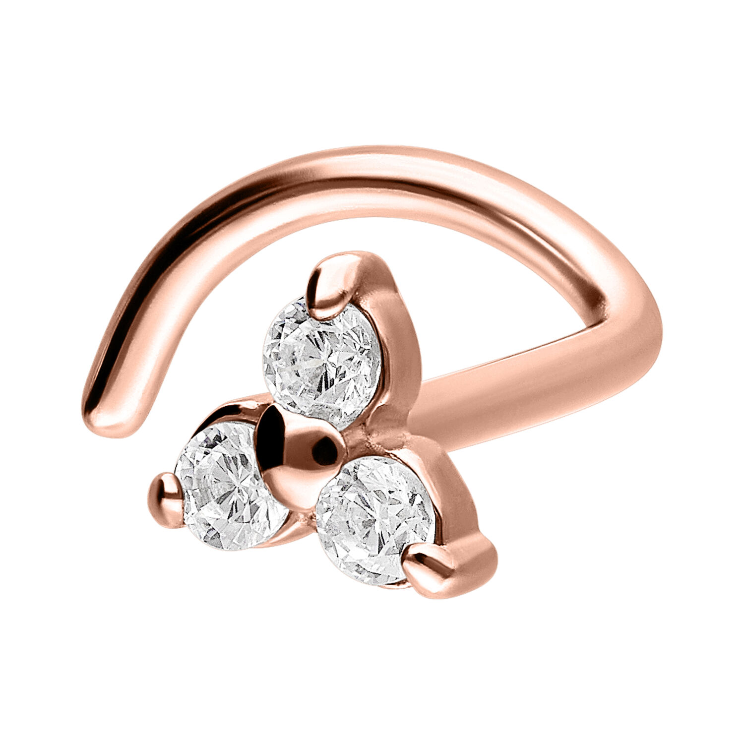 Piercing de nariz en oro rosa con tres cristales transparentes sobre fondo blanco