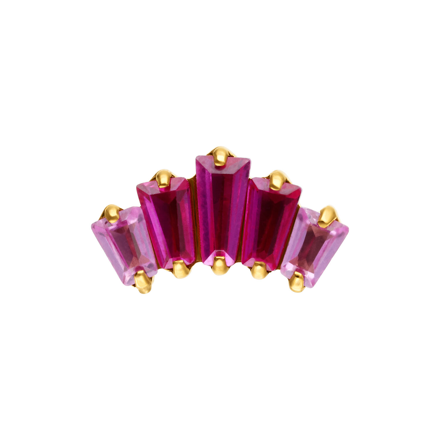 Accesorio Baguette Rojo Rubí Push Fit Accesorio baguette rojo rubí con cinco piedras y monturas doradas sobre fondo blanco
