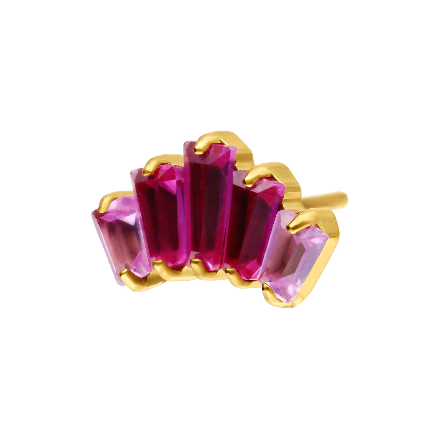 Ajuste Push Dorado con Baguettes Rojos Ajuste de piercing dorado con cinco cristales baguette rojos sobre fondo blanco