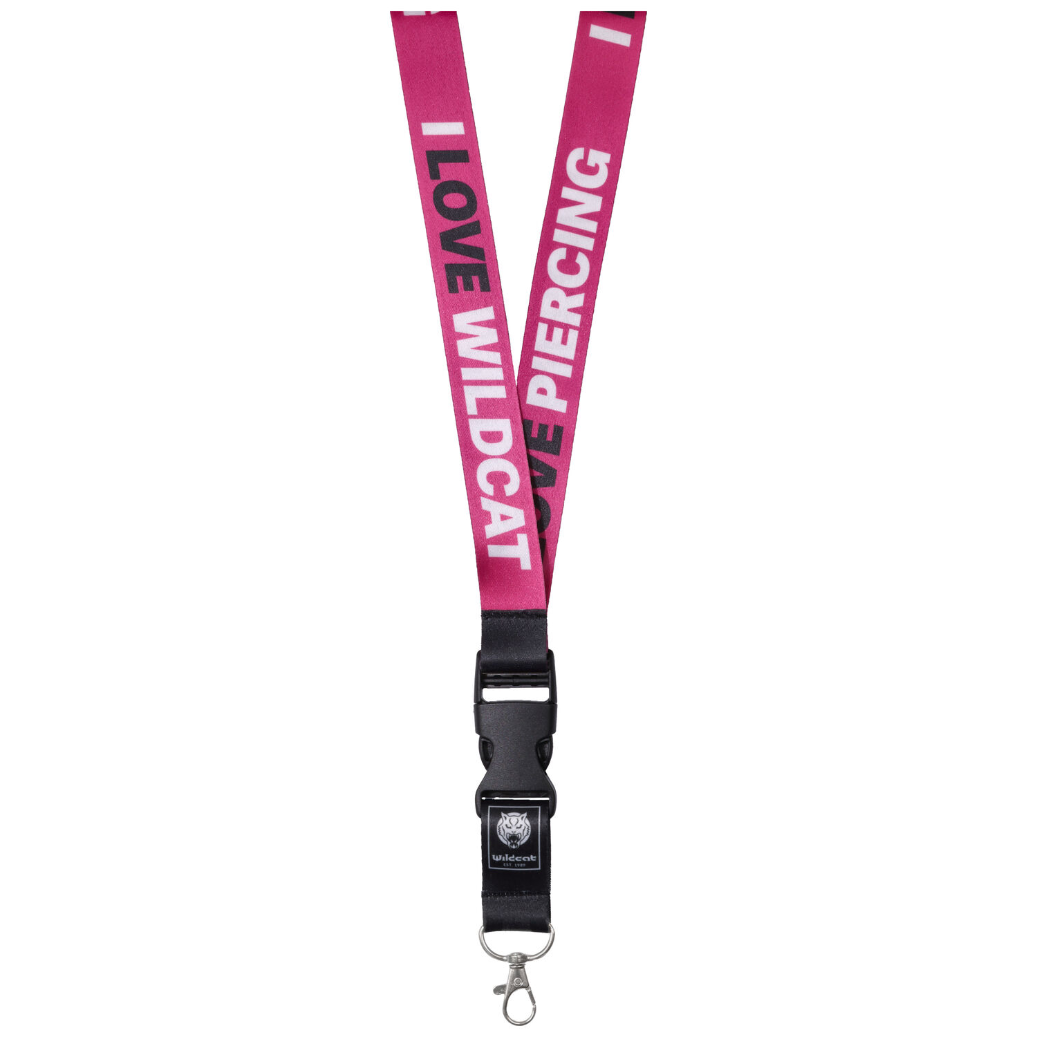 Llavero largo rosa con clip negro y texto 'I LOVE WILDCAT' y 'I LOVE PIERCING' sobre fondo blanco