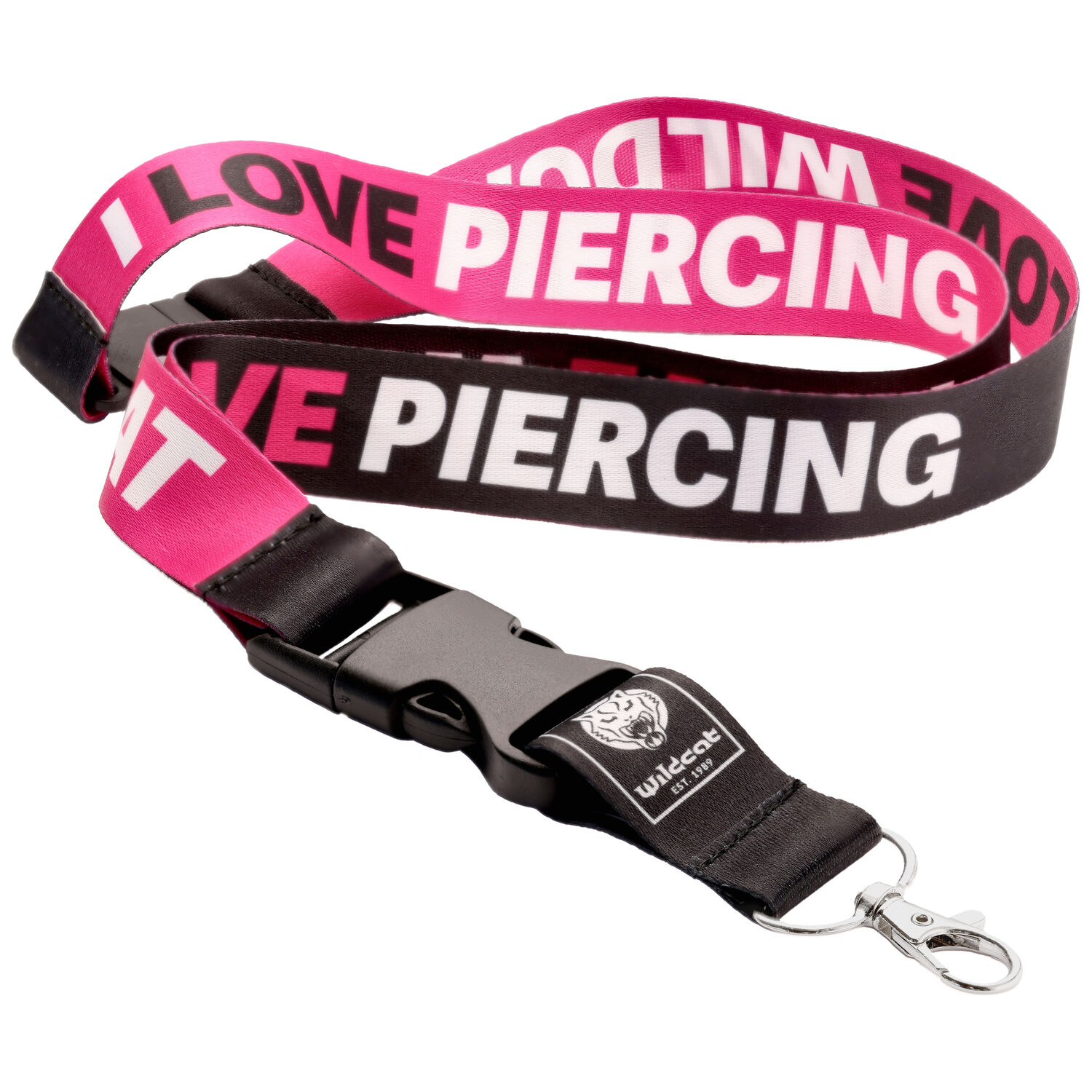 Lanyard rosa y negro de Wildcat con la inscripción 'I LOVE PIERCING' y clip de metal