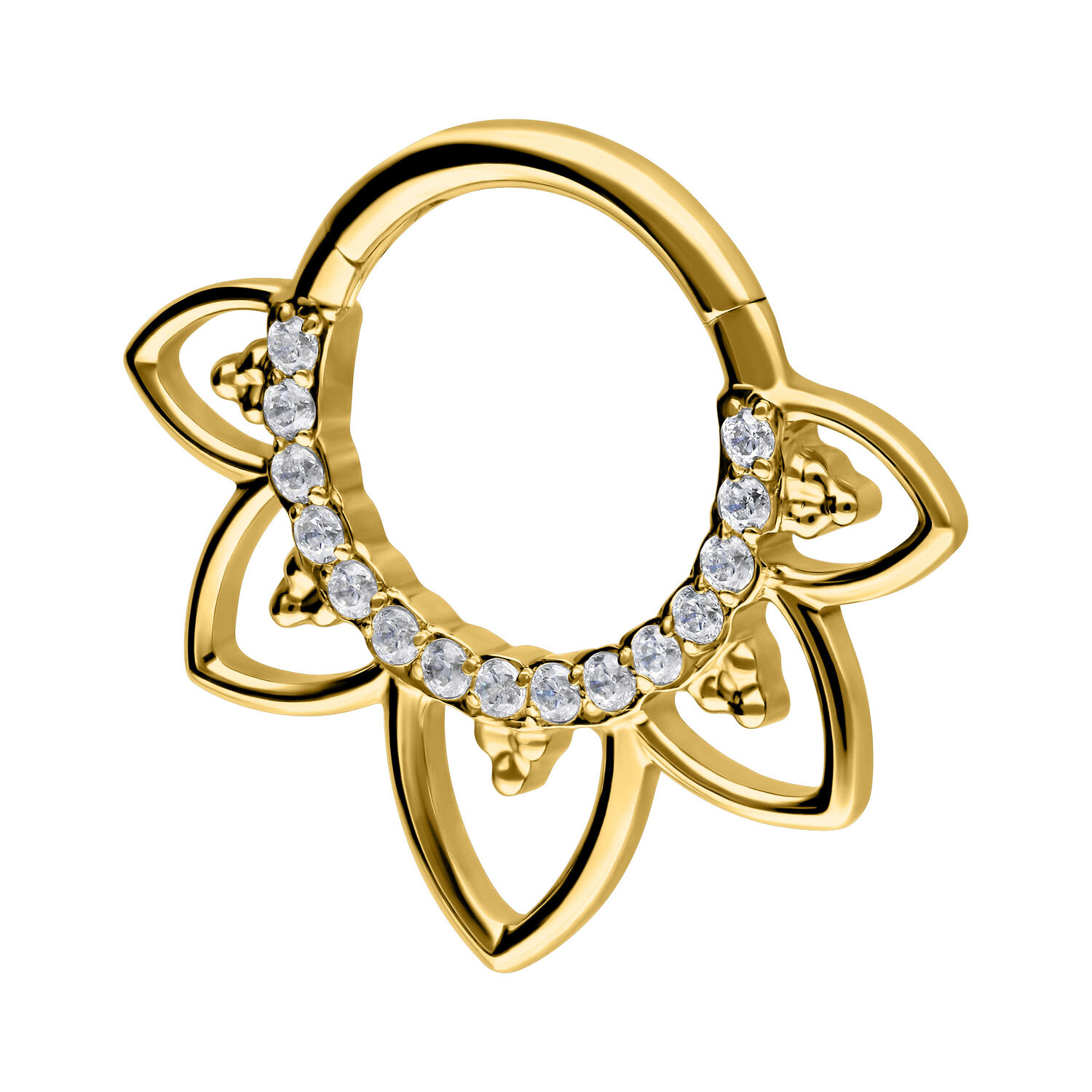 Clicker de septum dorado con cristales claros, diseño en forma de flor