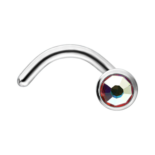 Piercing de nariz plateado con barra curva y cristal Aurora Boreale facetado sobre fondo blanco