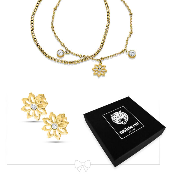 Pulsera dorada y pendientes con colgante de flores, caja de regalo negra
