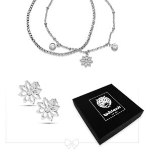 Collar y pendientes Floralis plateados frente a caja Wildcat negra